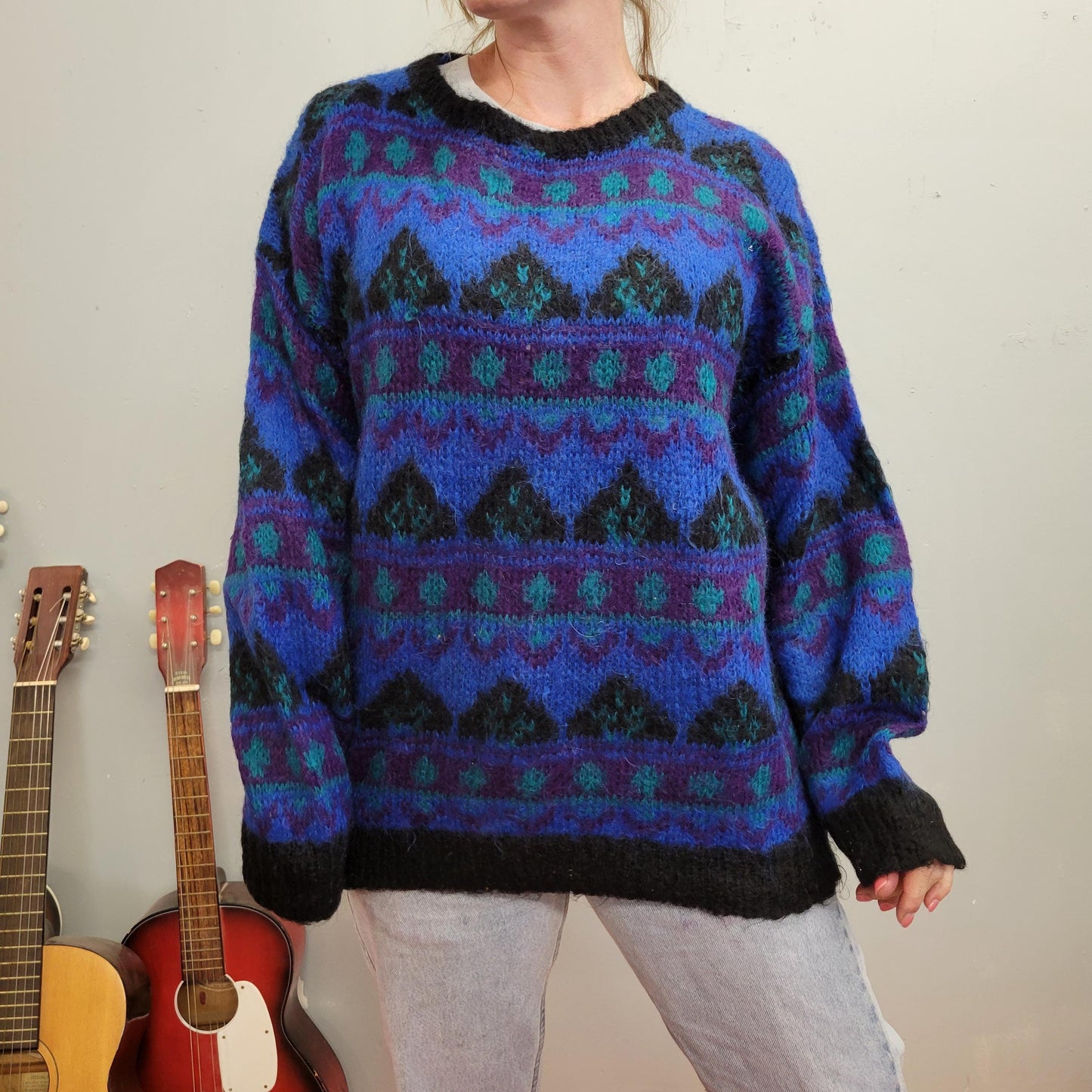 vtg 80s BRIGHT MOHAIR SWEATER // vintage all over print wild neon patterned contrast geometric print cozy casual streetwear school teacher