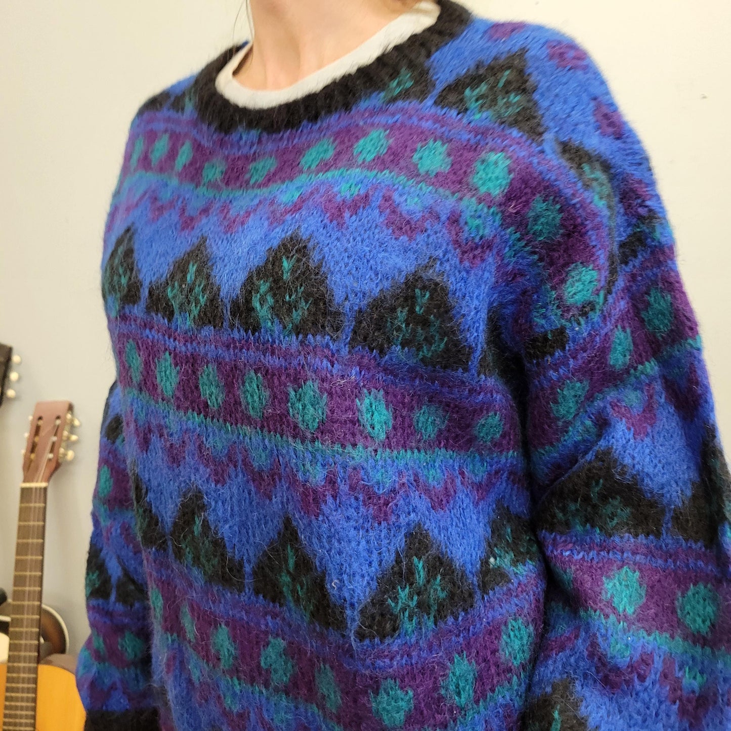 vtg 80s BRIGHT MOHAIR SWEATER // vintage all over print wild neon patterned contrast geometric print cozy casual streetwear school teacher