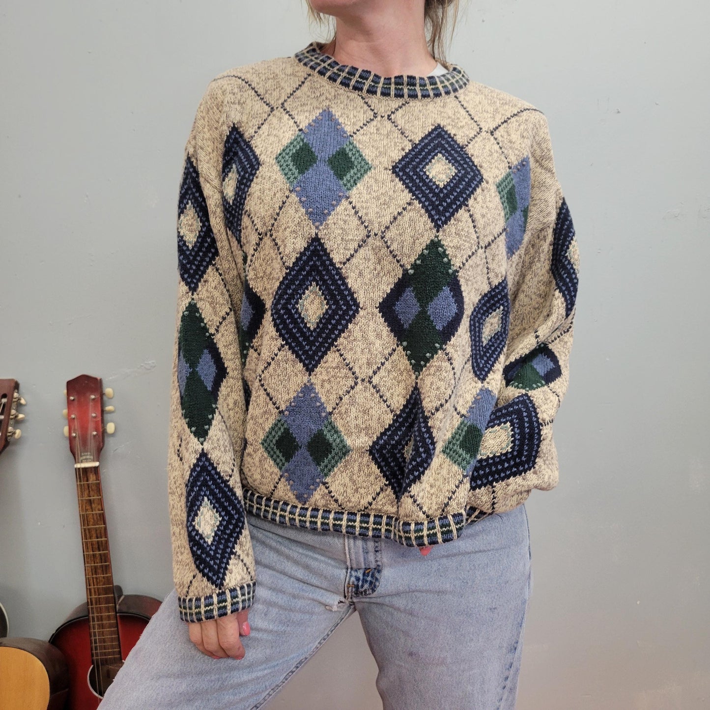 vtg 90s DIAMOND PRINT SWEATER // preppy argyle cable knit chunky checkered teacher cottage geometric pattern pullover jumper