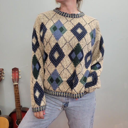vtg 90s DIAMOND PRINT SWEATER // preppy argyle cable knit chunky checkered teacher cottage geometric pattern pullover jumper