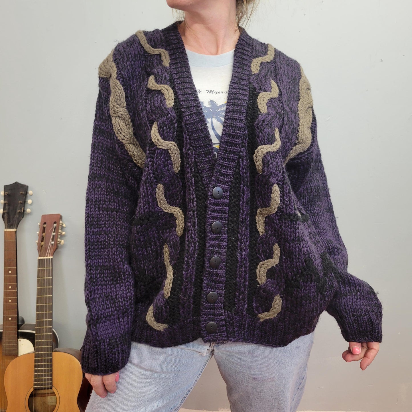 vtg 90s PURPLE KNIT CARDIGAN // black beige braided detail thick knit patterned preppy zig zag rockabilly grunge 90s chunky cable chunky