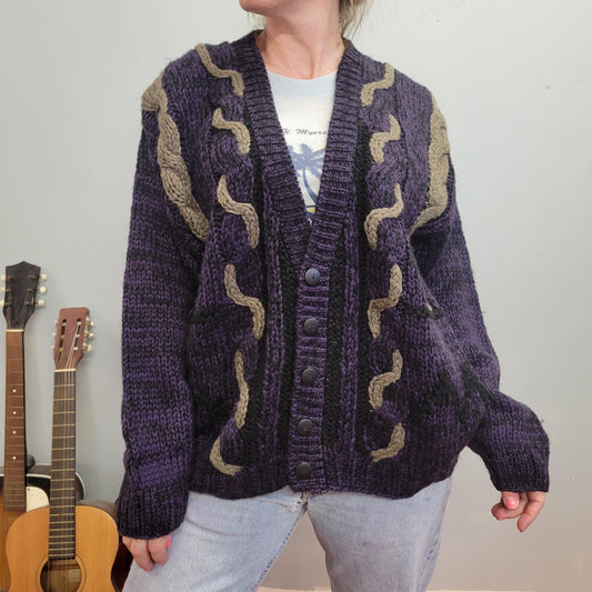 vtg 90s PURPLE KNIT CARDIGAN // black beige braided detail thick knit patterned preppy zig zag rockabilly grunge 90s chunky cable chunky