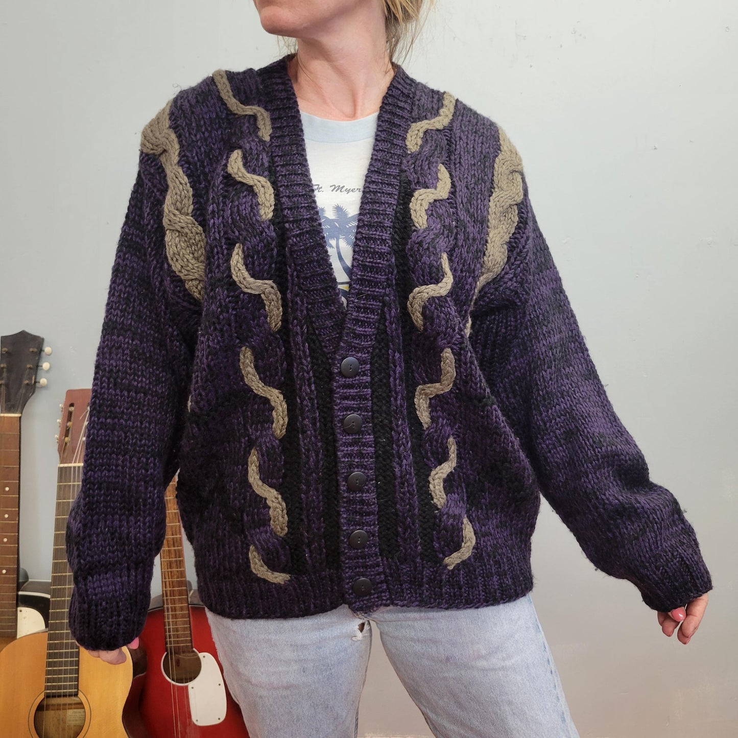 vtg 90s PURPLE KNIT CARDIGAN // black beige braided detail thick knit patterned preppy zig zag rockabilly grunge 90s chunky cable chunky