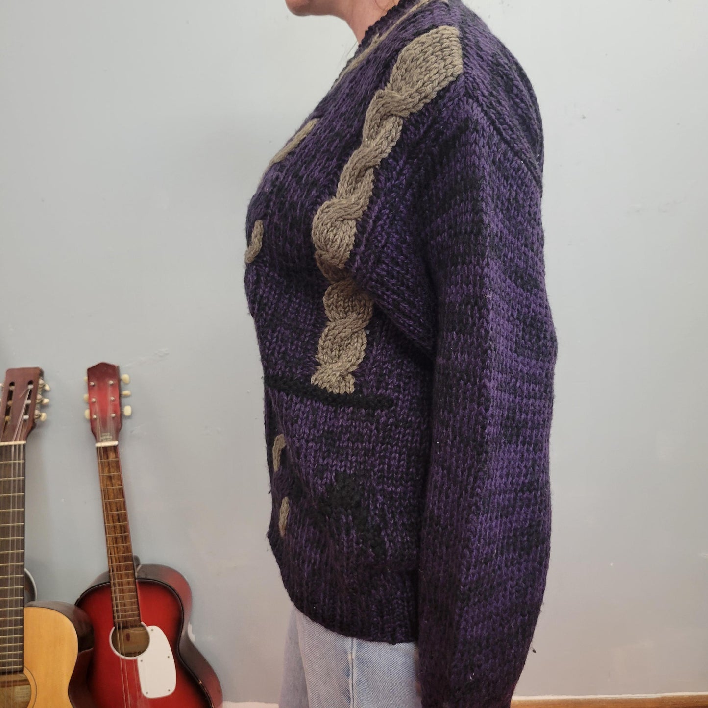 vtg 90s PURPLE KNIT CARDIGAN // black beige braided detail thick knit patterned preppy zig zag rockabilly grunge 90s chunky cable chunky