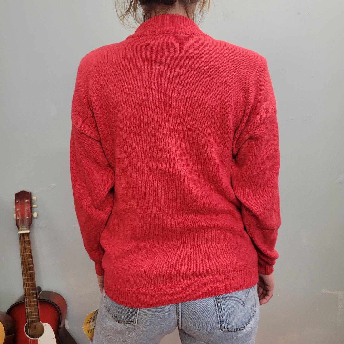 vtg 90s CHUNKY RED SWEATER // nos embroidered floral lightweight hearts and flowers teacher cottage american weekend vintage retro