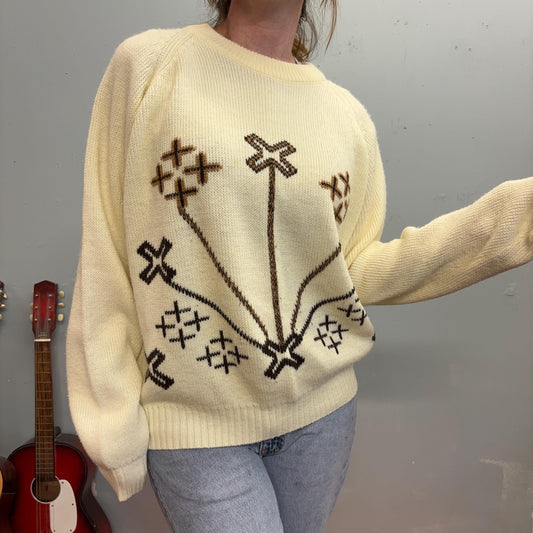 vtg 70s ABSTRACT KNIT SWEATER // vintage fruit of the loom geometric cross stitch slouchy baggy knit lightweight beige patterned jumper