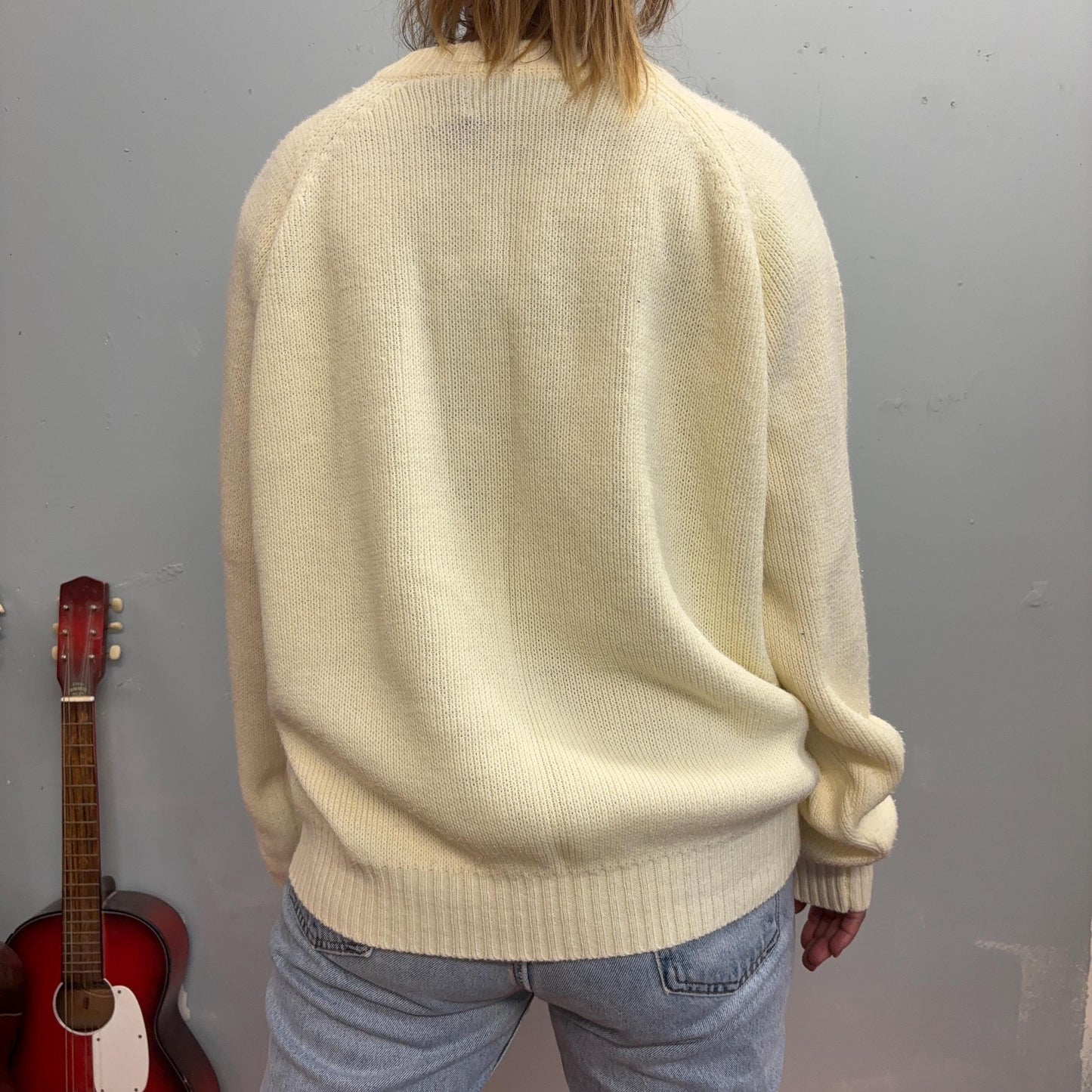 vtg 70s ABSTRACT KNIT SWEATER // vintage fruit of the loom geometric cross stitch slouchy baggy knit lightweight beige patterned jumper