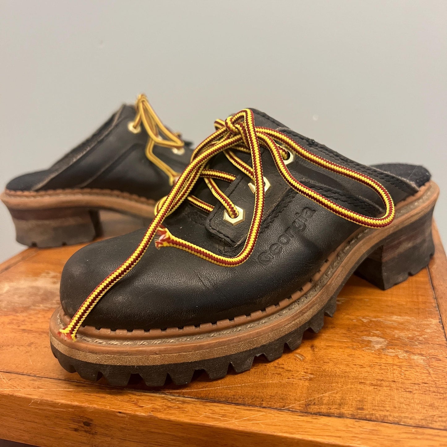 vtg 90s GEORGIA LOGGER BOOTS // vintage black leather lace up chunky clogs slip ons cute baby doll grunge style retro y2k slip dress biker