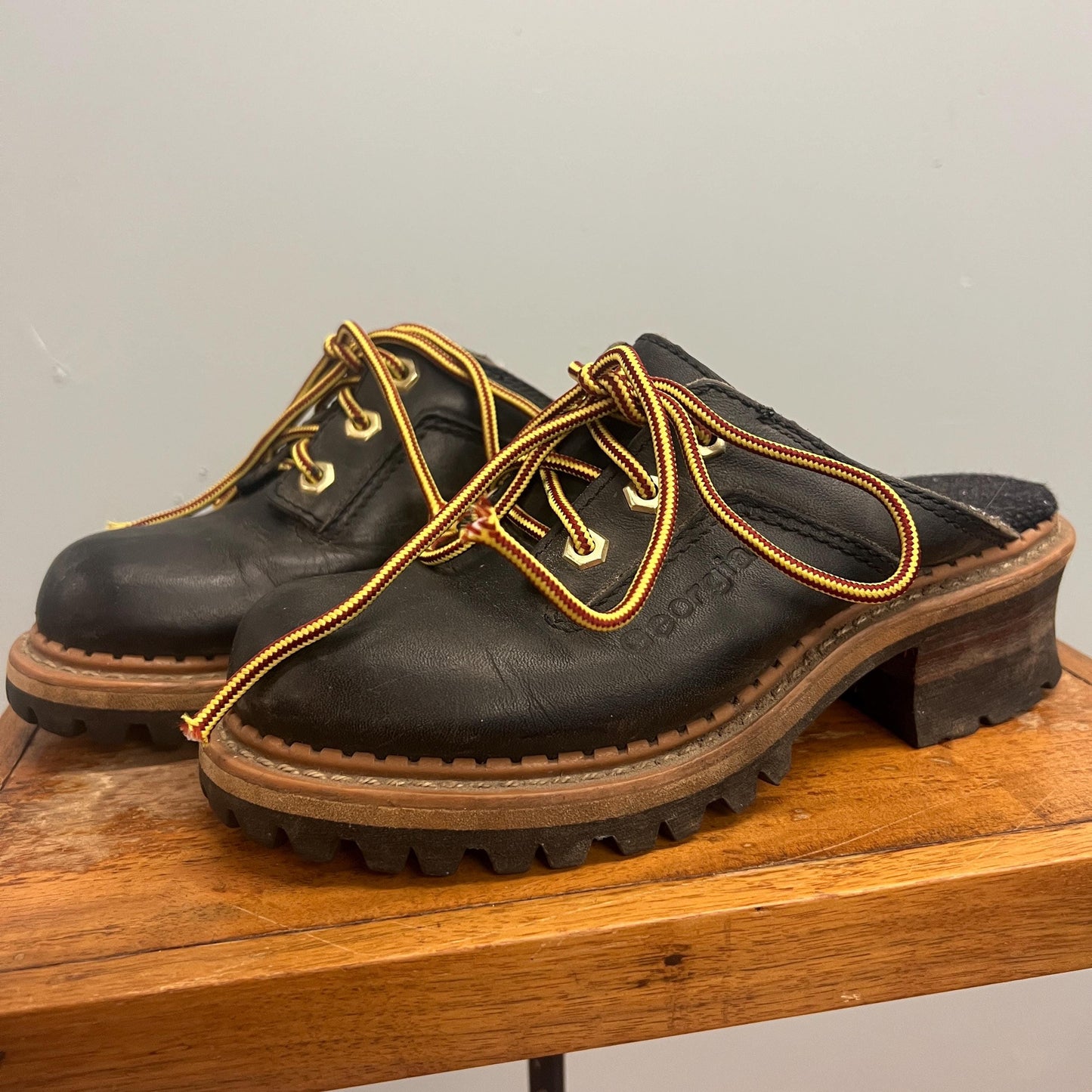 vtg 90s GEORGIA LOGGER BOOTS // vintage black leather lace up chunky clogs slip ons cute baby doll grunge style retro y2k slip dress biker