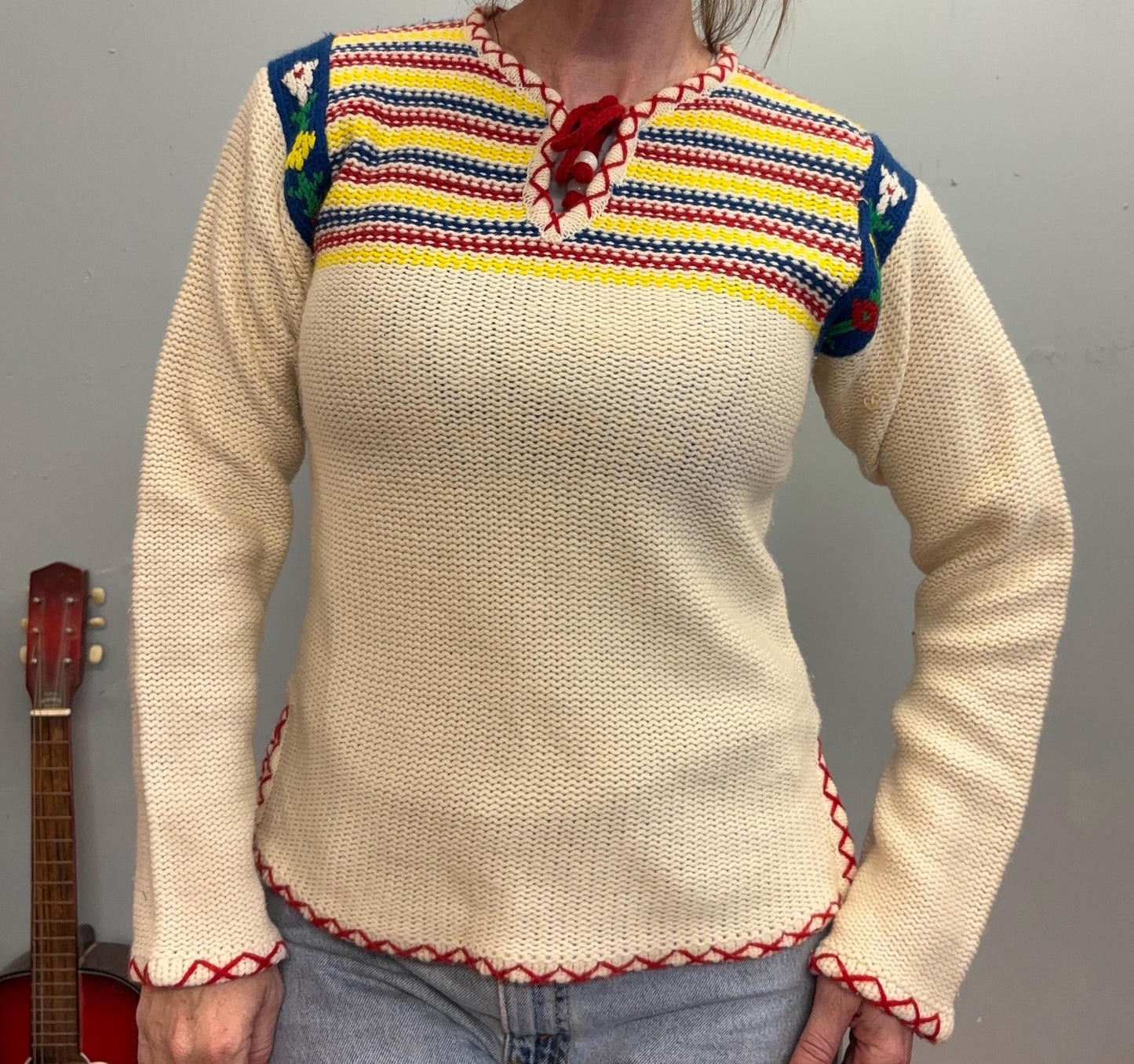 vtg 70s STRIPED SWEATER // vintage cute embroidered floral knit roller disco hippie mod retro cropped fitted kitschy flower power autumn