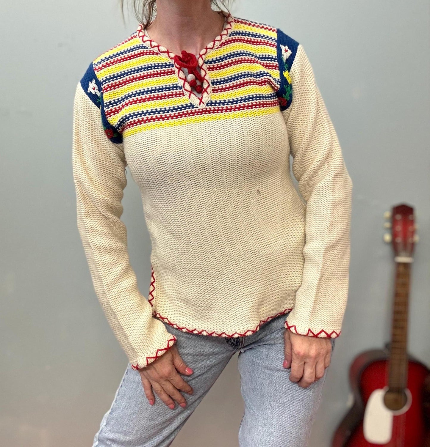 vtg 70s STRIPED SWEATER // vintage cute embroidered floral knit roller disco hippie mod retro cropped fitted kitschy flower power autumn