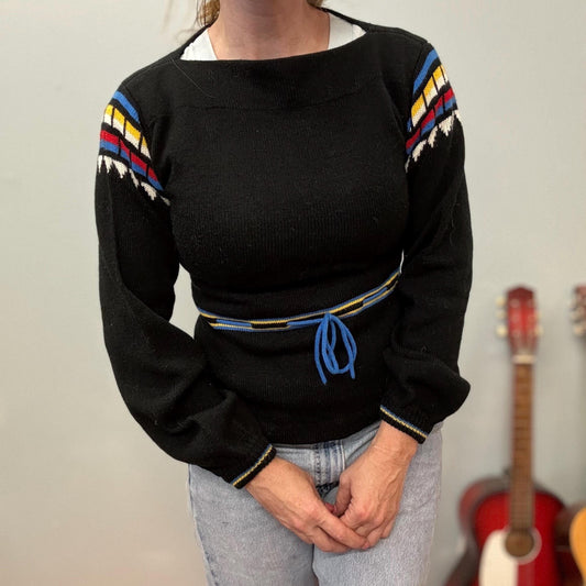 vtg 70s BLACK GEOMETRIC PATTERNED Sweater // vintage geometric petite knit primary colors belted tie waist peplum cinchy waist crop fitted