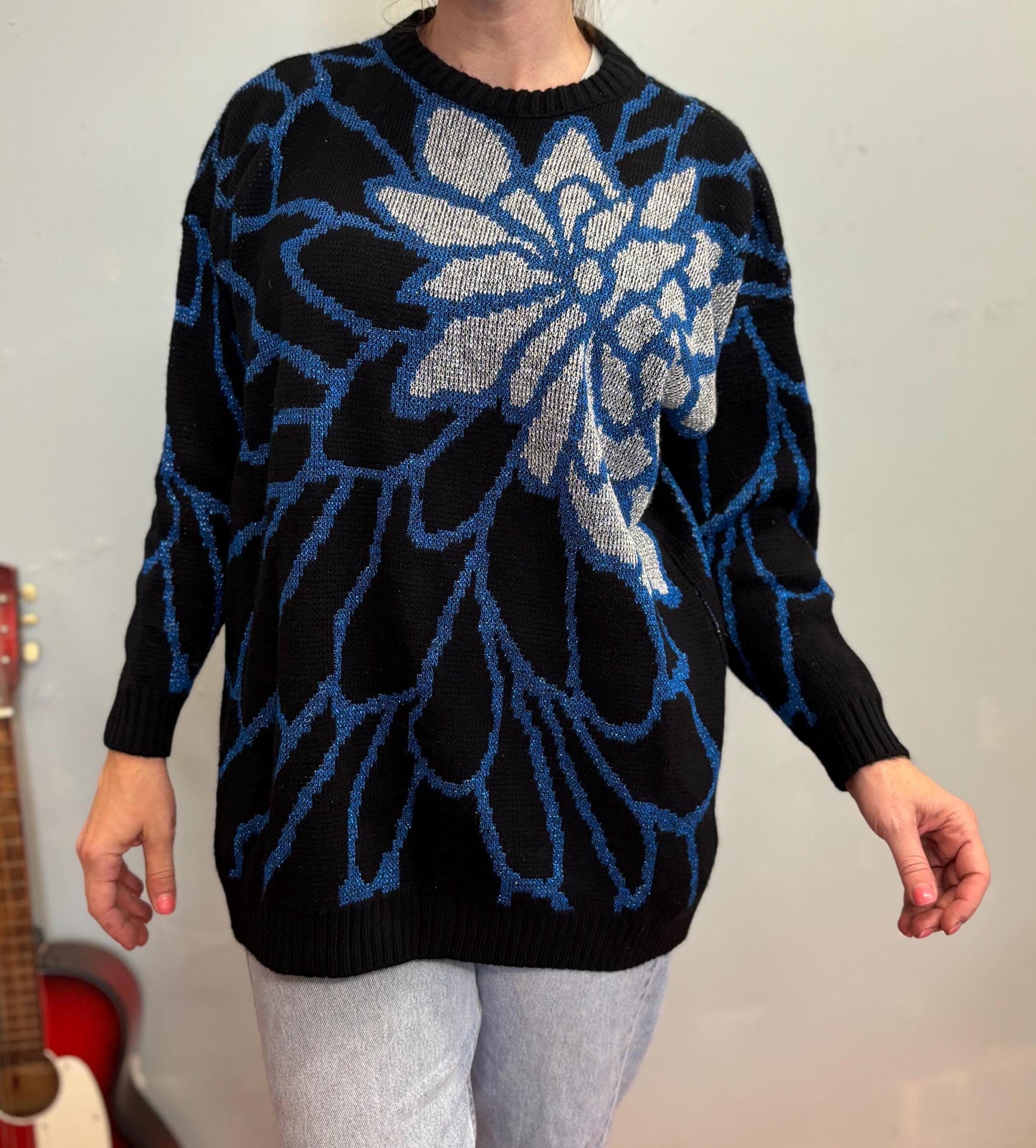 vtg 80s LUREX KNIT FLOWER Sweater // vintage abstract funky psychedelic slouchy floral patterned silver & blue baggy sparkly all over print