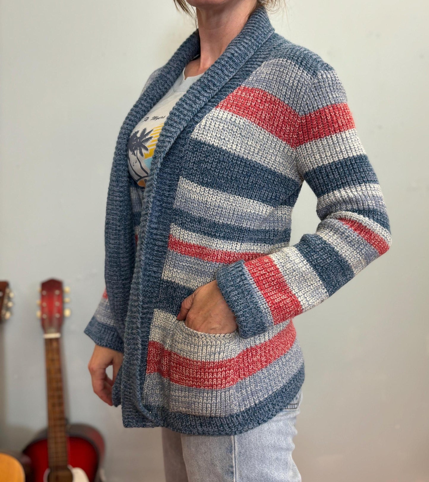 vtg 70s STRIPED COZY CARDIGAN // vintage retro space dye shawl collar flowy lightweight cardigan with pockets autumn school slouchy hippie