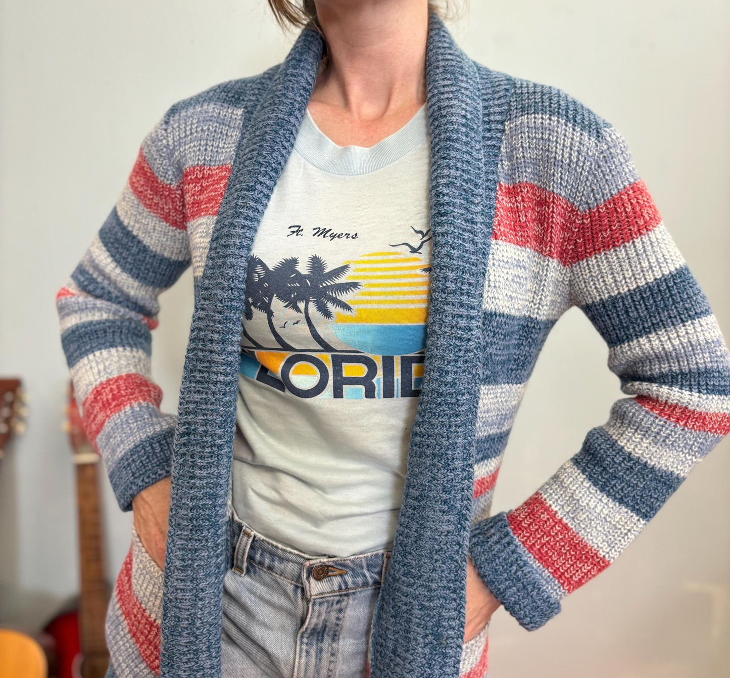 vtg 70s STRIPED COZY CARDIGAN // vintage retro space dye shawl collar flowy lightweight cardigan with pockets autumn school slouchy hippie