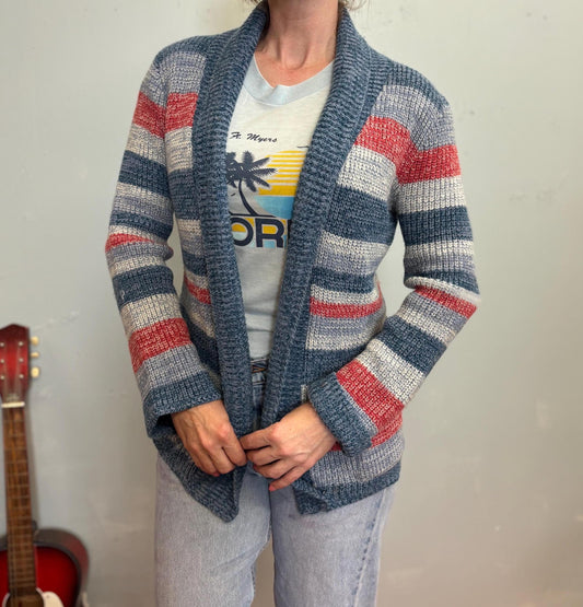 vtg 70s STRIPED COZY CARDIGAN // vintage retro space dye shawl collar flowy lightweight cardigan with pockets autumn school slouchy hippie