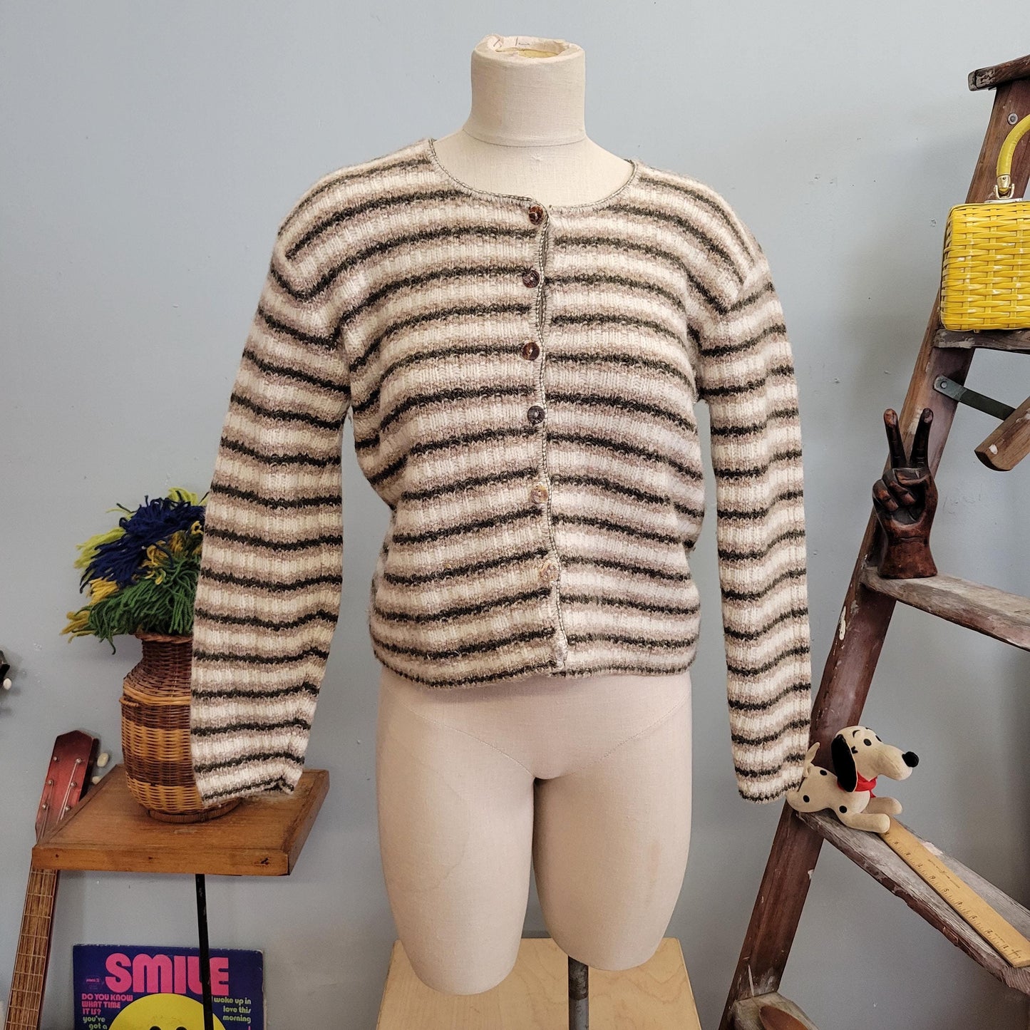 vtg 90s STRIPED WOOL CARDIGAN // vintage reba rose large button up cropped preppy grunge casual autumn neutral minimalist cute fuzzy beige