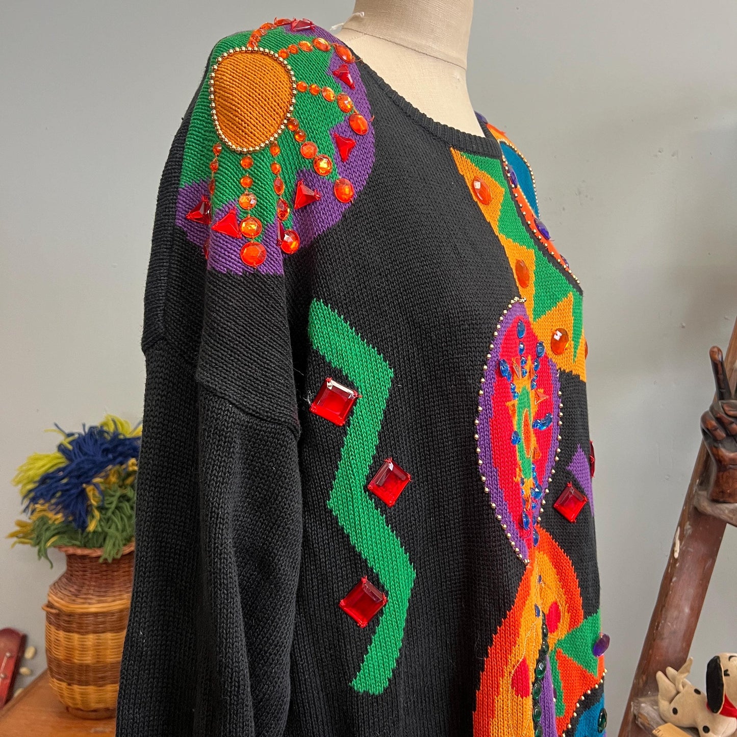 vtg 80s BEDAZZLED JEWEL SWEATER // vintage jacque & koko 3xl jewel tones oversized long abstract pattern sweater dress blingy festive op art