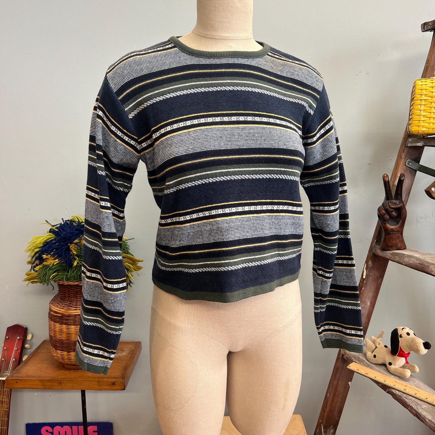 vtg 90s STRIPED CROPPED SWEATER // vintage absolutely by creative cotton medium ribbed knit cute blue yellow striped Y2K 90s girly grunge