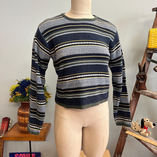 vtg 90s STRIPED CROPPED SWEATER // vintage absolutely by creative cotton medium ribbed knit cute blue yellow striped Y2K 90s girly grunge