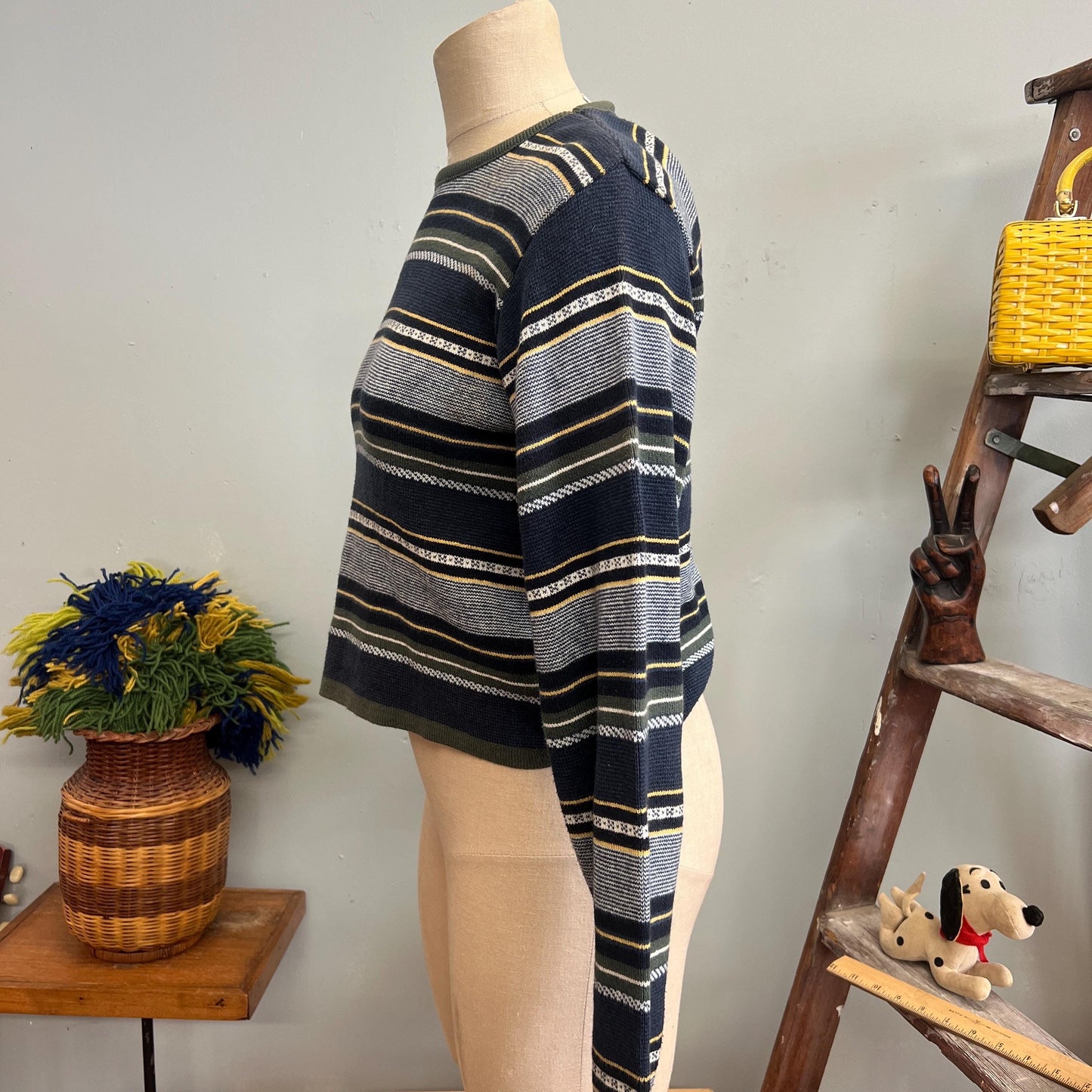 vtg 90s STRIPED CROPPED SWEATER // vintage absolutely by creative cotton medium ribbed knit cute blue yellow striped Y2K 90s girly grunge