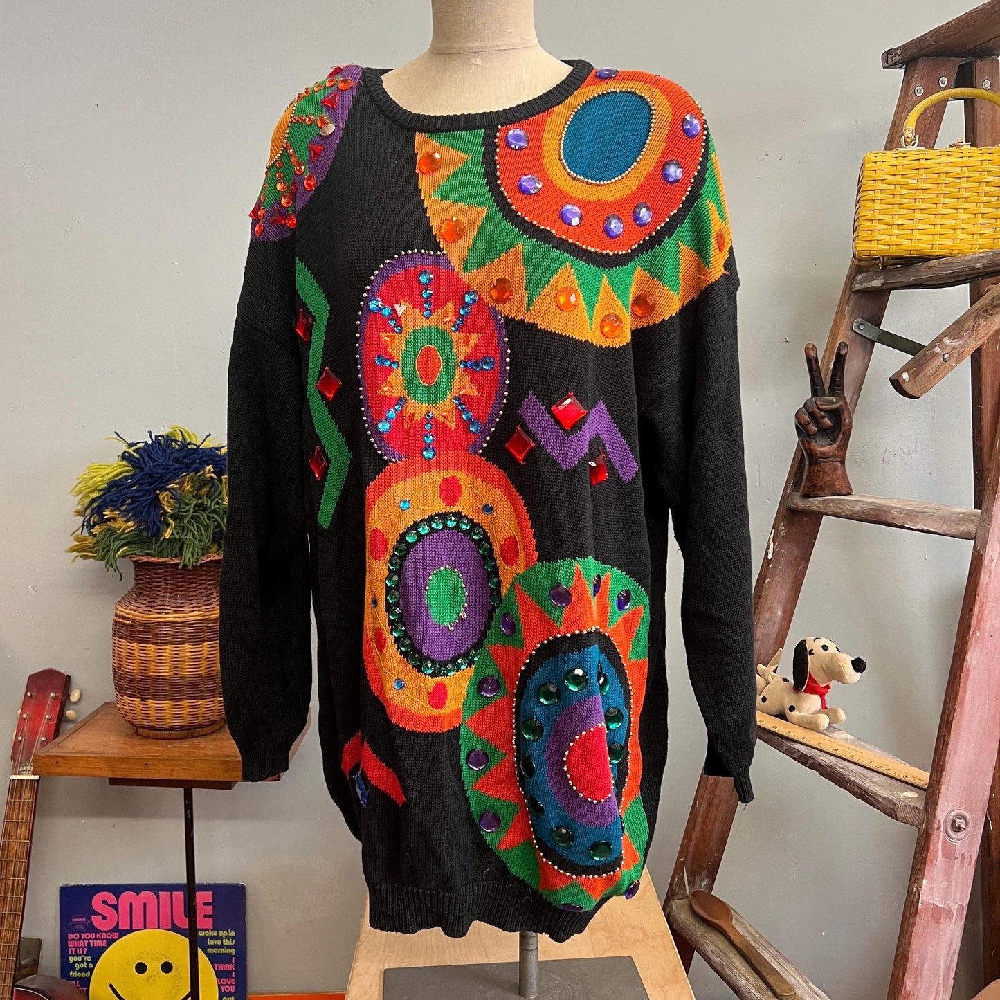 vtg 80s BEDAZZLED JEWEL SWEATER // vintage jacque & koko 3xl jewel tones oversized long abstract pattern sweater dress blingy festive op art