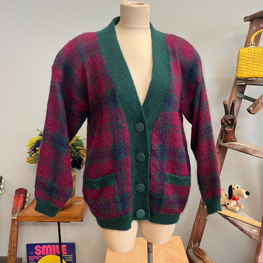 vtg 80s PLAID MOHAIR CARDIGAN // vintage portraits by northern isles large deep autumn jewel tones fuzzy v neck casual winter cottage core