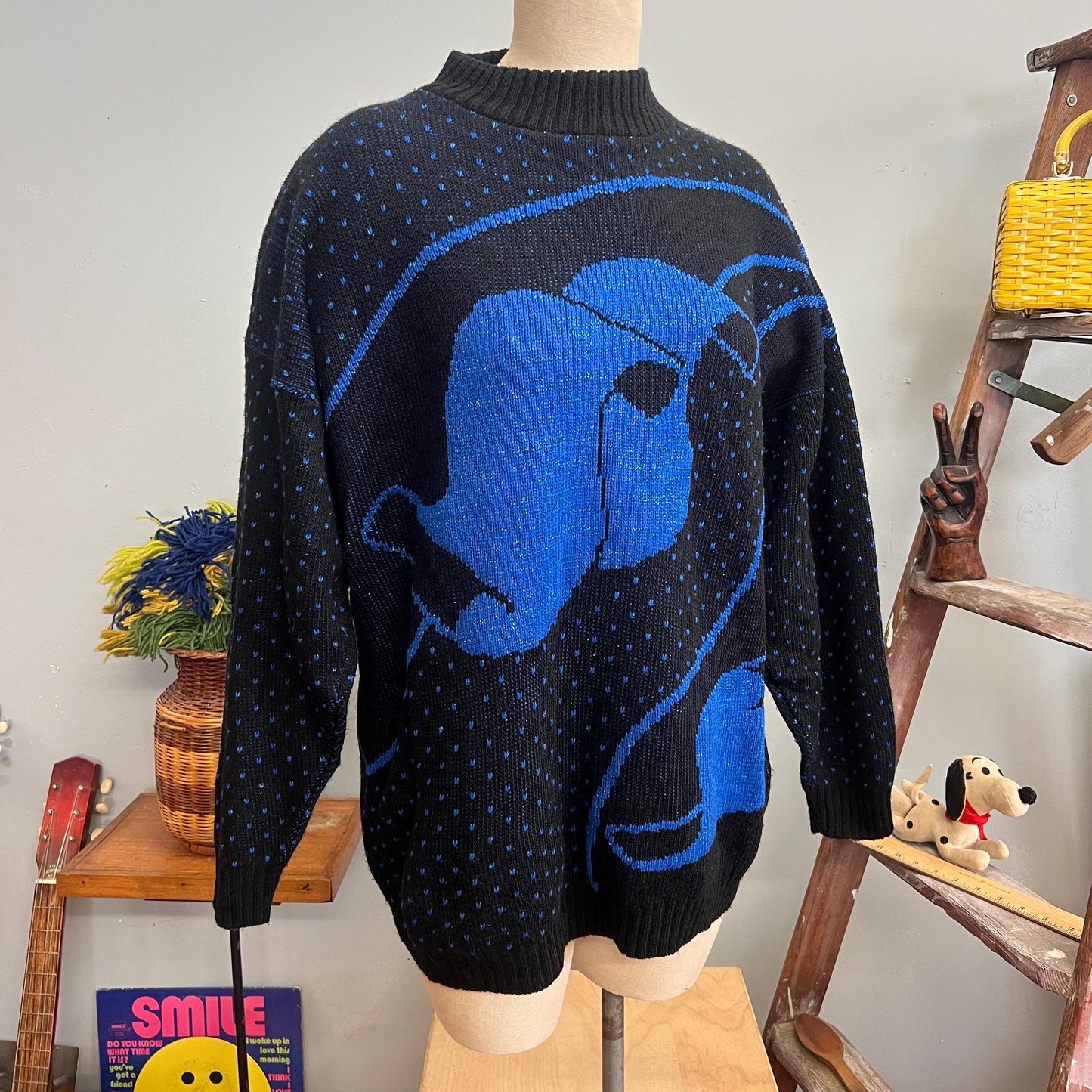 vtg 80s BLUE SPARKLE SWEATER // vintage distinctly different size 18w womens abstract music sheet paper speckled ribbed oversized unique