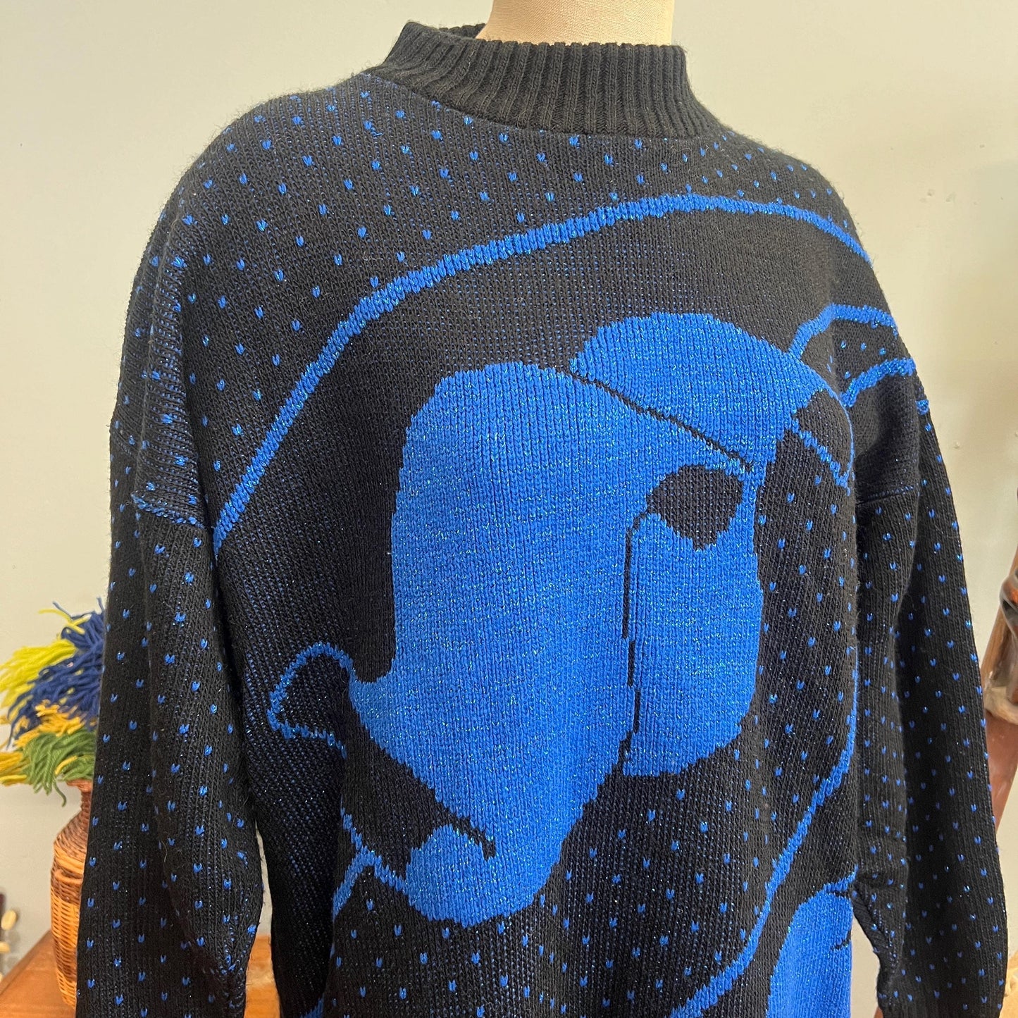 vtg 80s BLUE SPARKLE SWEATER // vintage distinctly different size 18w womens abstract music sheet paper speckled ribbed oversized unique
