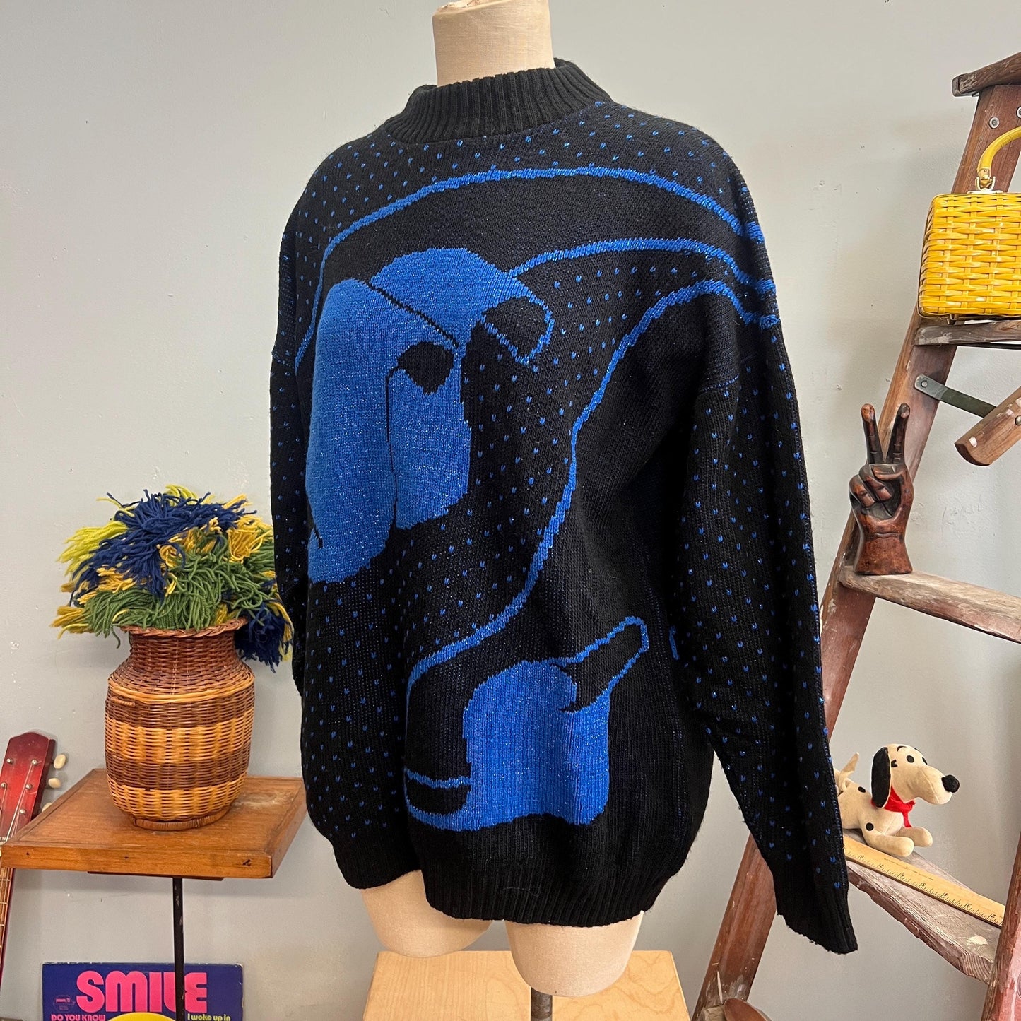 vtg 80s BLUE SPARKLE SWEATER // vintage distinctly different size 18w womens abstract music sheet paper speckled ribbed oversized unique