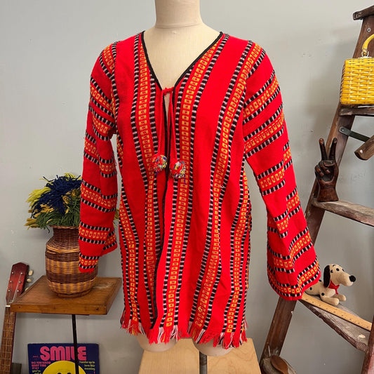 vtg 70s RED FRINGE SWEATER // vintage knit large tassel jacket retro hippie boho bohemian striped yogi guru artist style festive autumn vibe