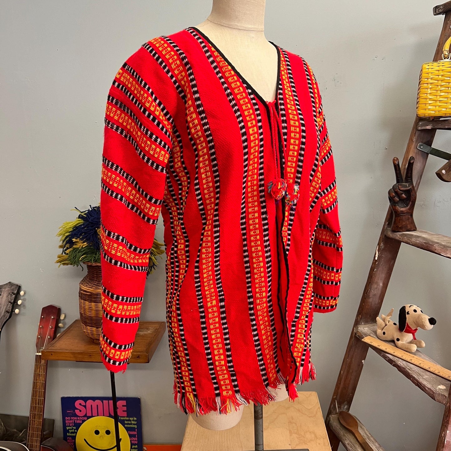 vtg 70s RED FRINGE SWEATER // vintage knit large tassel jacket retro hippie boho bohemian striped yogi guru artist style festive autumn vibe