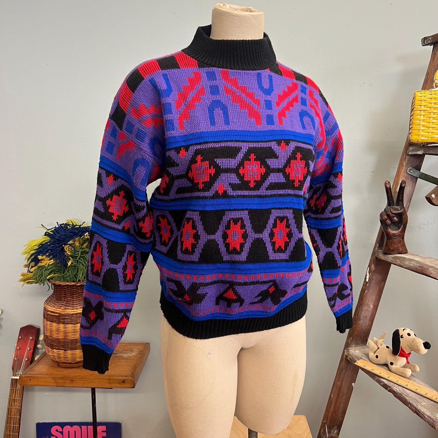 vtg 80s NEON PATTERN SWEATER // milestone New York medium abstract mock neck purple pink black zig zag aztec chunky knit multicolor autumn