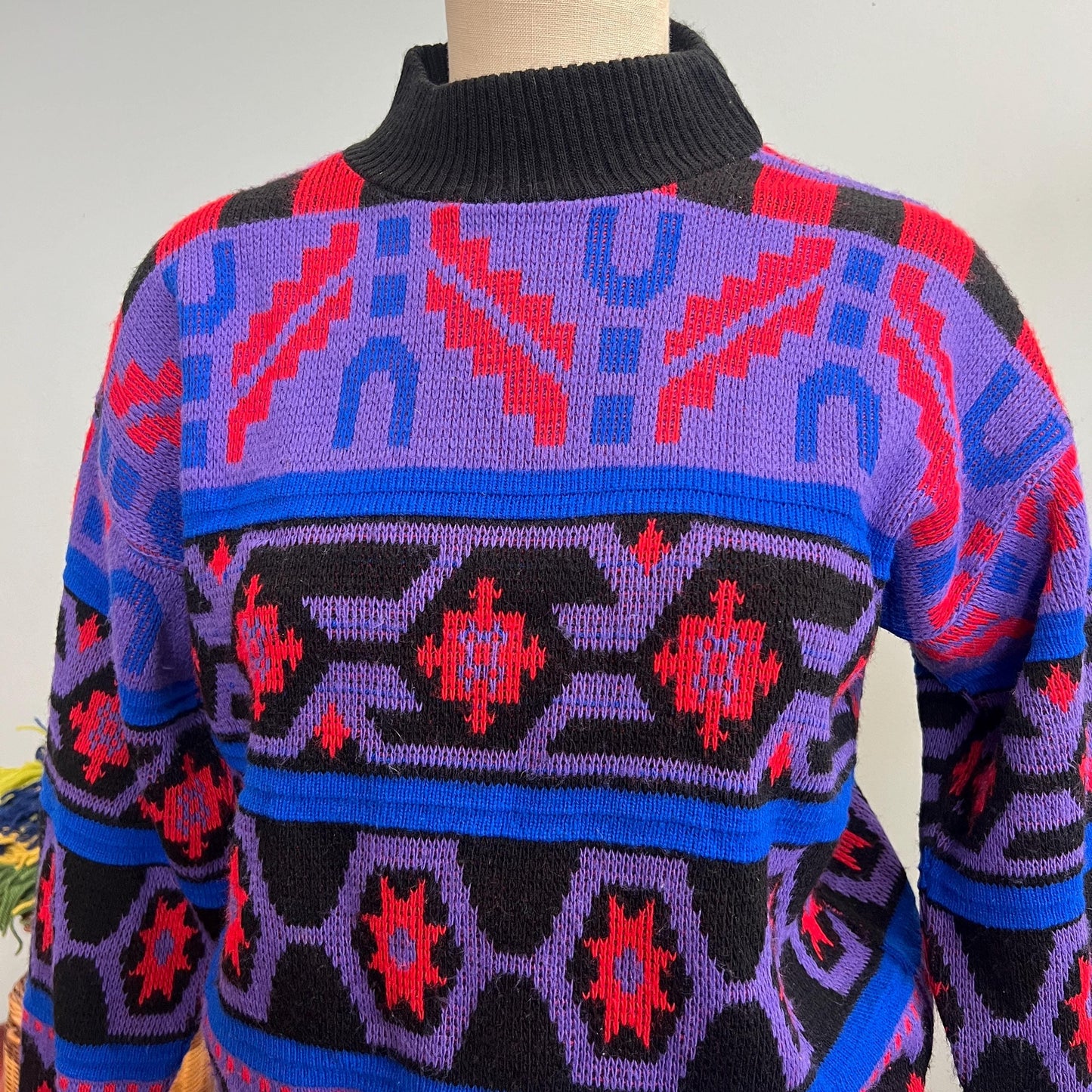 vtg 80s NEON PATTERN SWEATER // milestone New York medium abstract mock neck purple pink black zig zag aztec chunky knit multicolor autumn