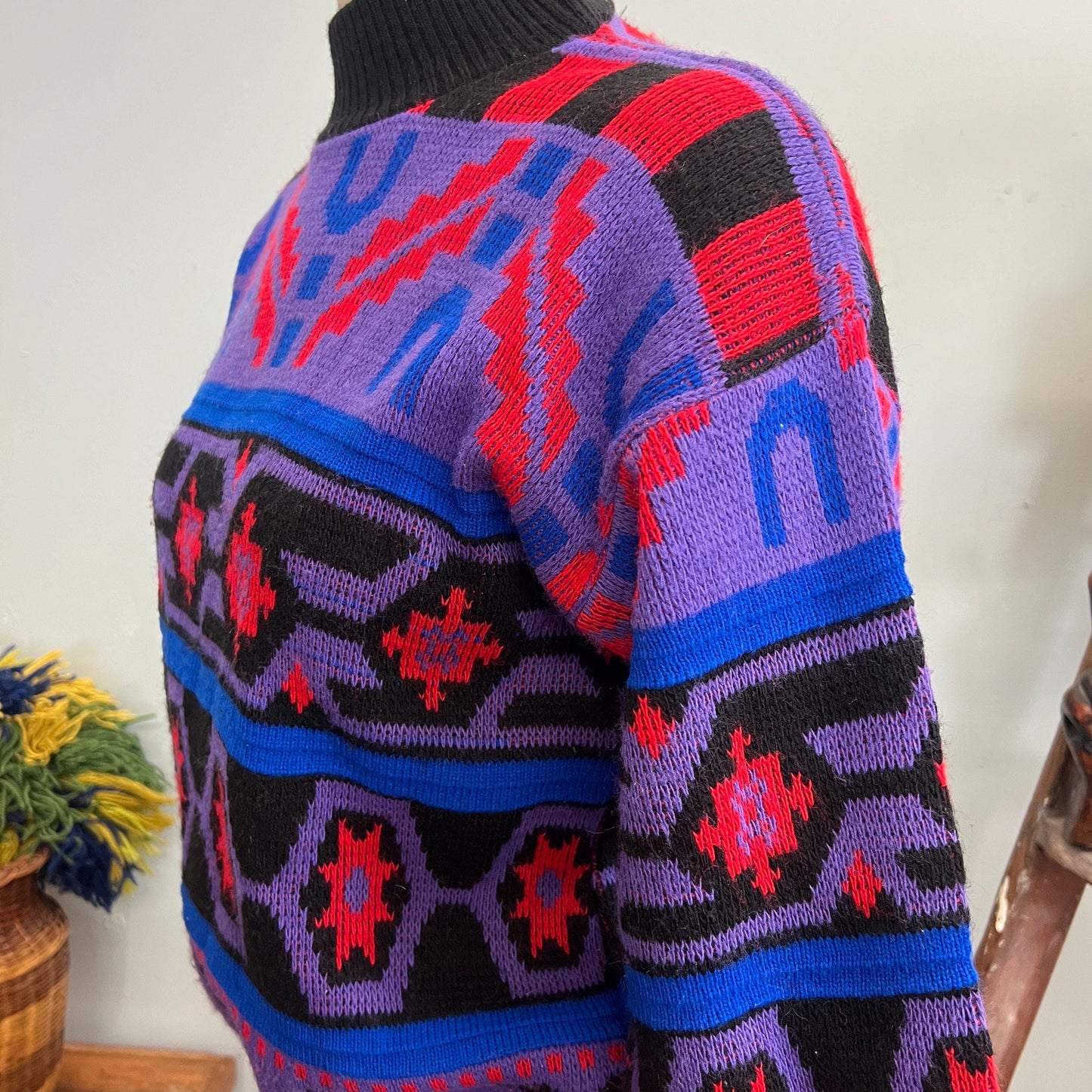 vtg 80s NEON PATTERN SWEATER // milestone New York medium abstract mock neck purple pink black zig zag aztec chunky knit multicolor autumn
