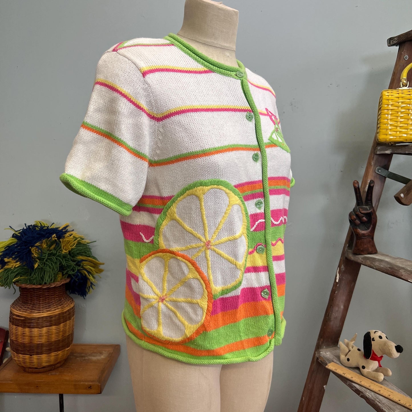 vtg 90s FRUIT SWEATER TOP // vintage Breckenridge petite small striped neon pop art lime & lemons short sleeve button up cardigan retro cute