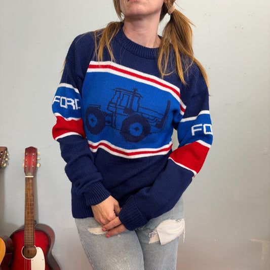 vtg 70s KNIT TRACTOR SWEATER // vintage blue striped primary colors ford company retro colors large oversized boxy color block novelty pop