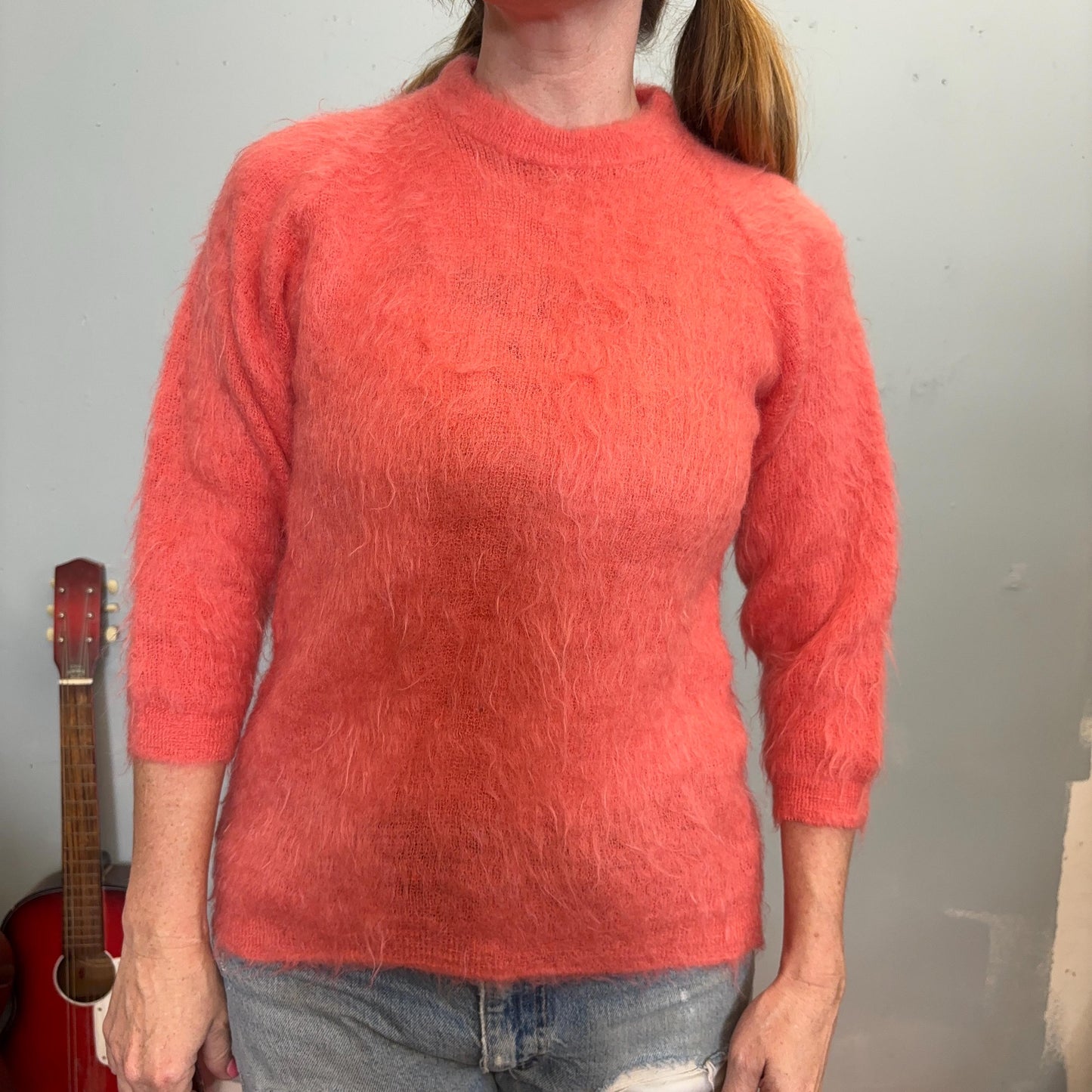 vtg 70s PINK MOHAIR SWEATER // vintage wool cute fuzzy pastel 3/4 sleeve long fit solid cozy retro bright funky eclectic style teacher autum