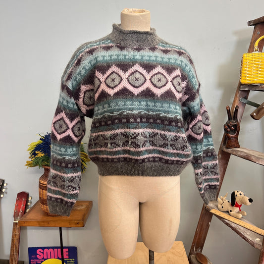 vtg 90s PATTERNED MOHAIR SWEATER // vintage Christopher & banks large geometric shaggy boxy knitwear striped pastel neutral tones preppy