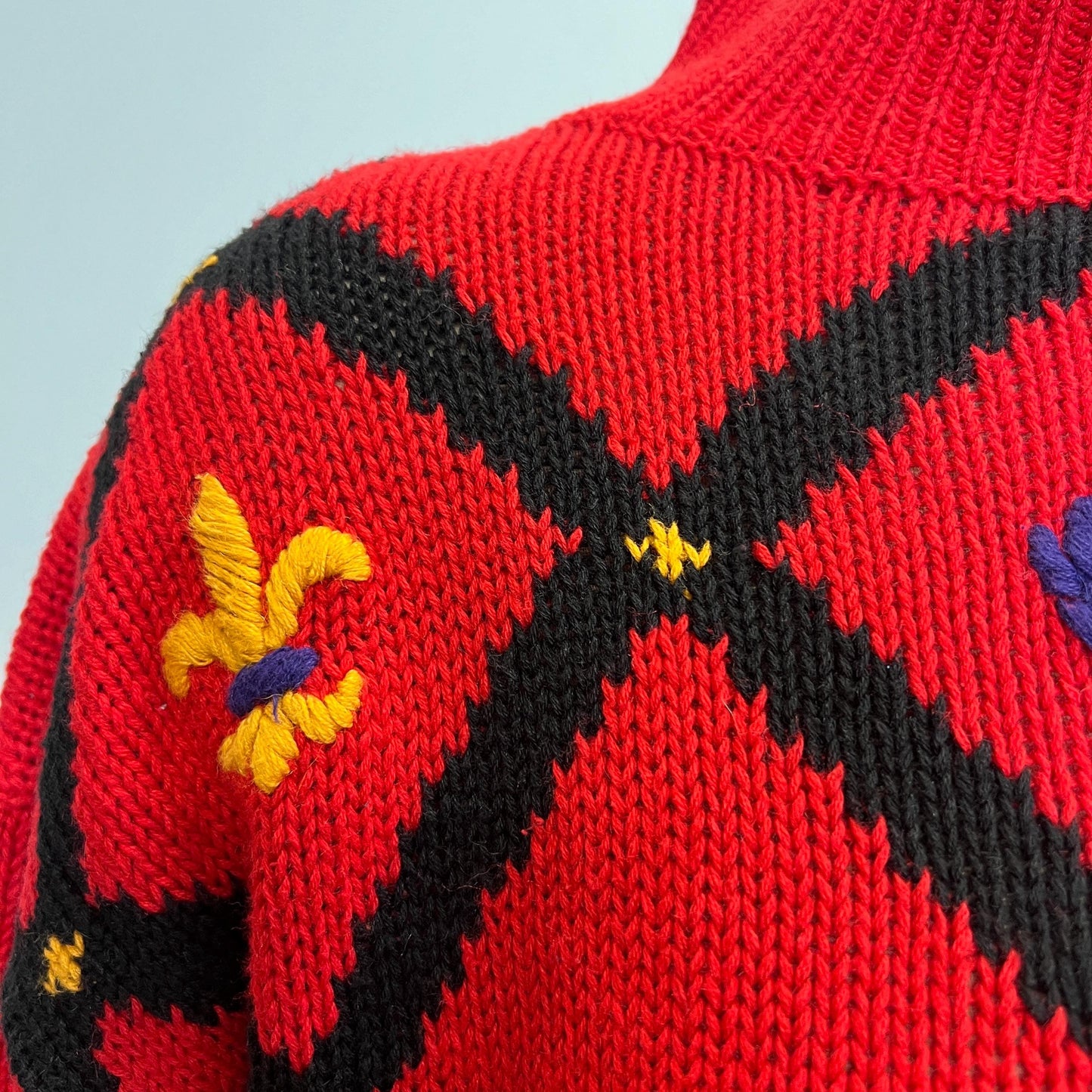 vtg 80s FLEUR DE LIS Sweater // vintage red criss cross large american weekend ribbed cotton chunky knit mock neck autumn slouchy bright top