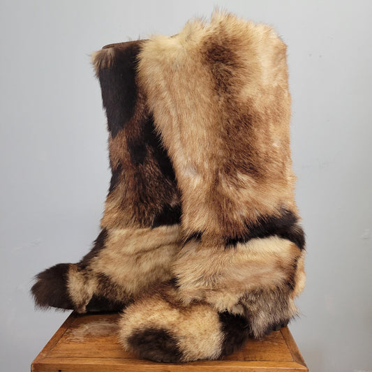vtg 70s FUR BOOTS // vintage funky multicolor shaggy rabbit fox fur calf high platforms sherpa lined yetti winter snow boots furry shoes