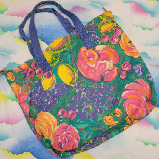 vtg 70s FLORAL TOTE BAG // vintage watercolor flowers painted bag cloth picnic boat n tote oversized night bag kitschy pastel garden