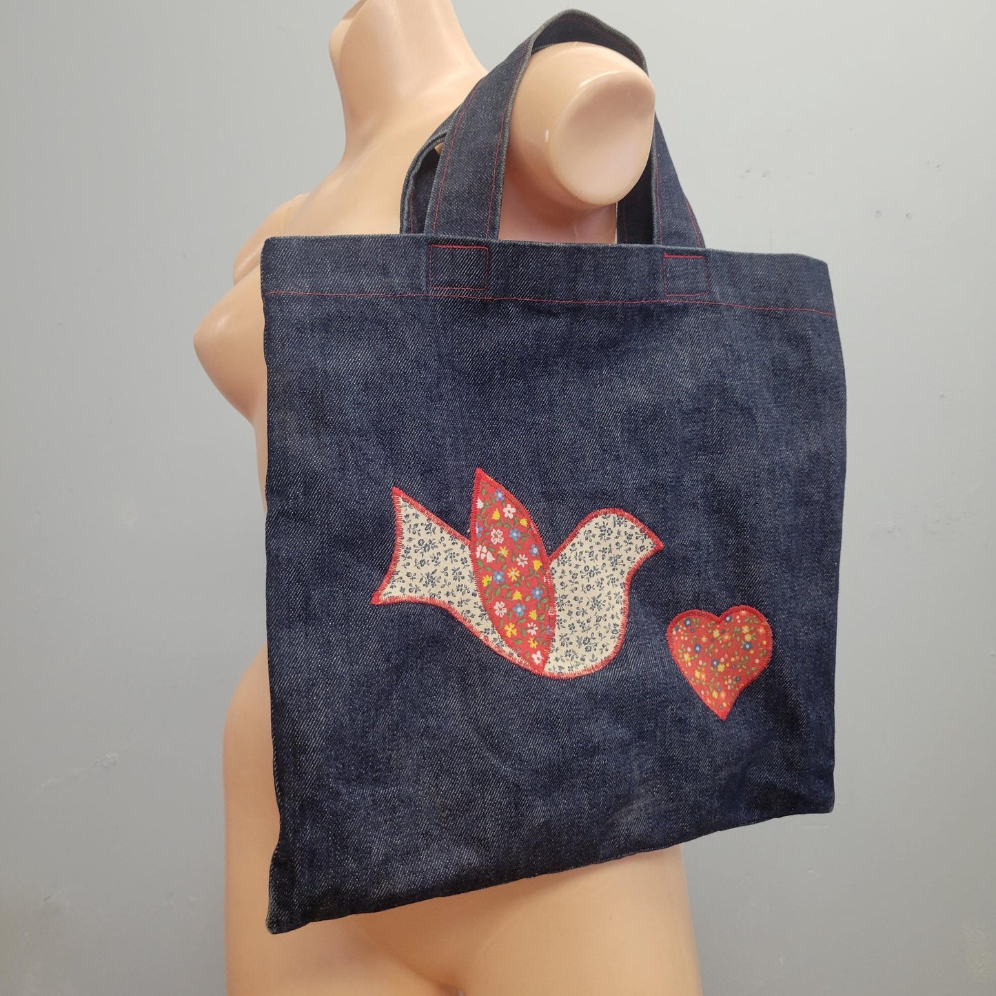 vtg 70s DENIM PATCHWORK BAG // vintage embroidered bird applique purse tote hippie retro woodstock repurposed jeans kitschy mod grocery bag