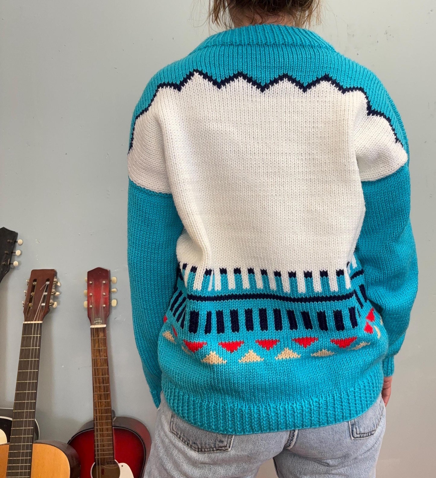 vtg 70s PENDLETON STYLE KNIT Sweater // vintage robins egg blue red aztec southwestern pattern chunky knit geometric print hand knit pop art