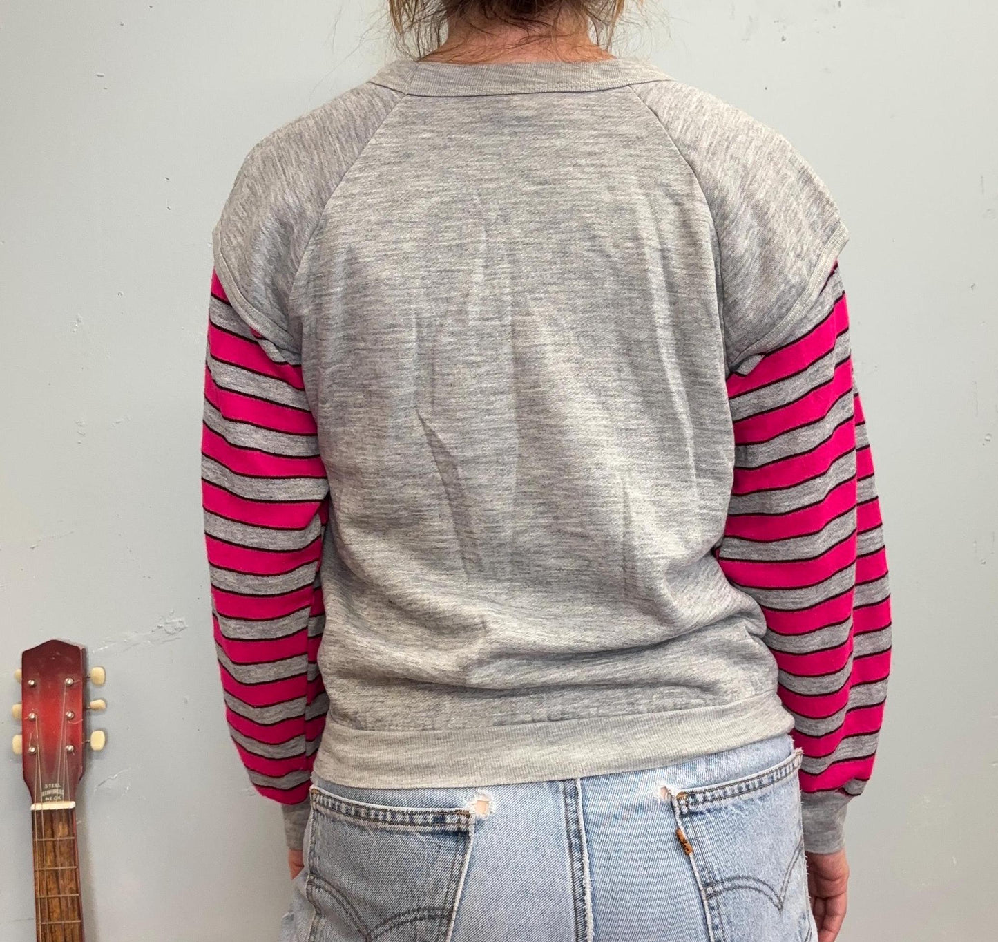 vtg 80s FLASHDANCE STYLE SWEATSHIrt // vintage hot pink & gray layered look sweater bright neon striped sleeves attached too gray vest top