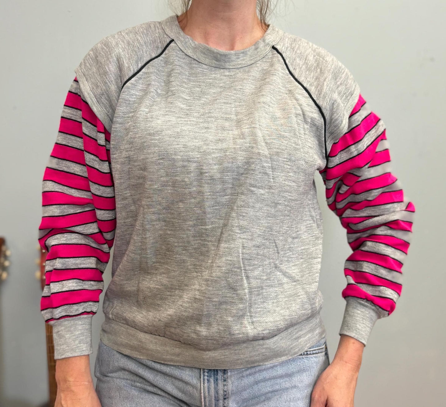 vtg 80s FLASHDANCE STYLE SWEATSHIrt // vintage hot pink & gray layered look sweater bright neon striped sleeves attached too gray vest top
