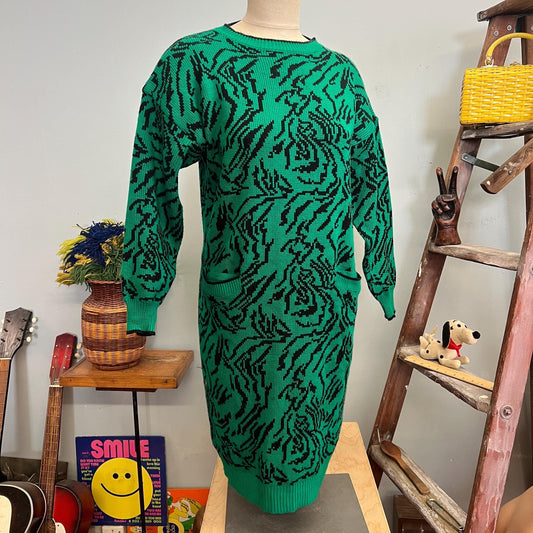 vtg 80s PATTERNED SWEATER DRESS // vintage magnet brand medium womens abstract green tiger stripes long knit vivid bright autumn knee length