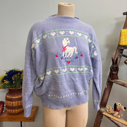 vtg 80s UNICORN & HEARTS SWEATER // vintage Kate collins mythical creature fairytale folklore pastel lavender fairy core mlp retro applique