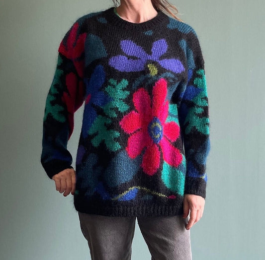 vtg 90s MOHAIR FLOWER POWER Sweater // vintage floral valley grunge style fuzzy hippie mod y2k bright funky fuzzy pullover baggy slouchy L