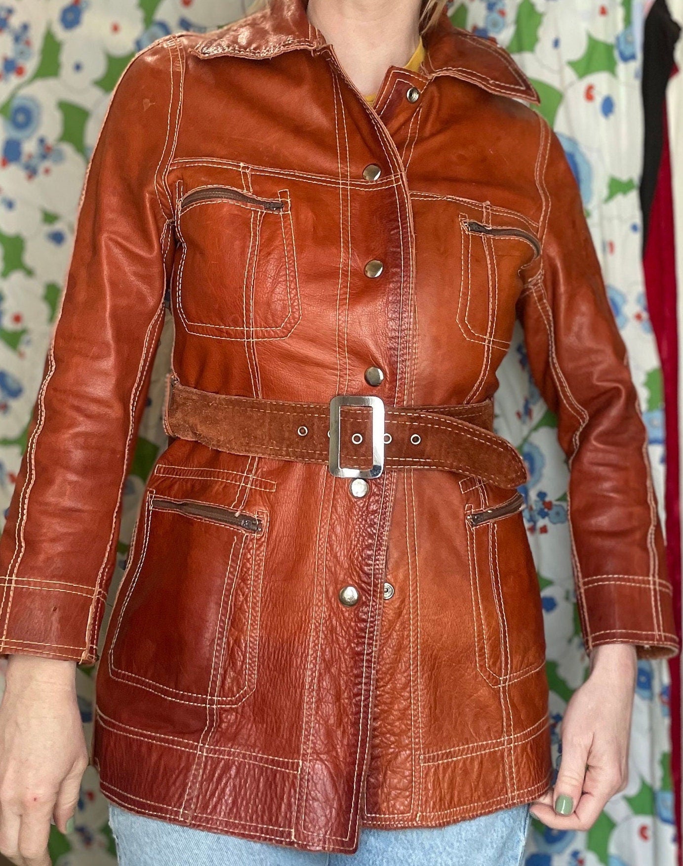 vtg 60s REVERSIBLE SUEDE JACKET // vintage hippie festival leather belted collared button up mod western retro leather hand tooled orange
